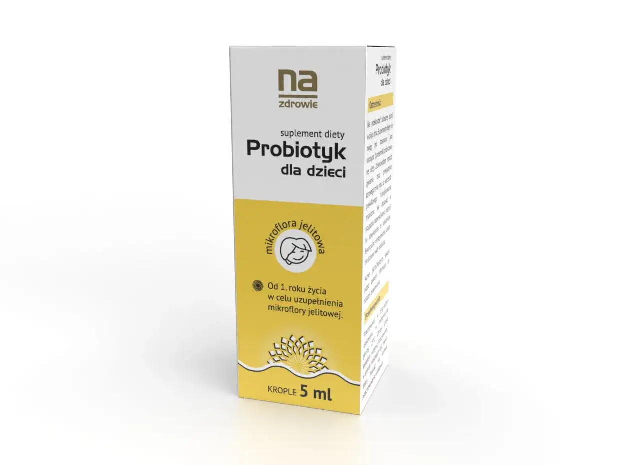 Probiotyk dla dzieci w kroplach 5 ml, wspierający mikroflorę jelitową od 1. roku życia. Na zdrowie!